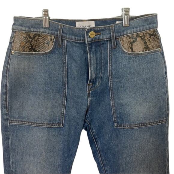 New Frame Le High Straight Rattler Python Pocket Jeans Women's Size 23 Raw Hem - Picture 3 of 13
